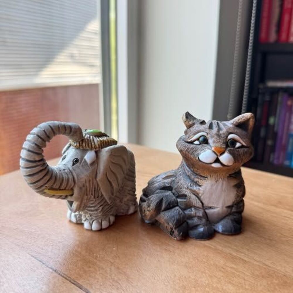 Vintage Artesania Rinconada Elephant & Cat Figurine Handcrafted Uruguay Signed